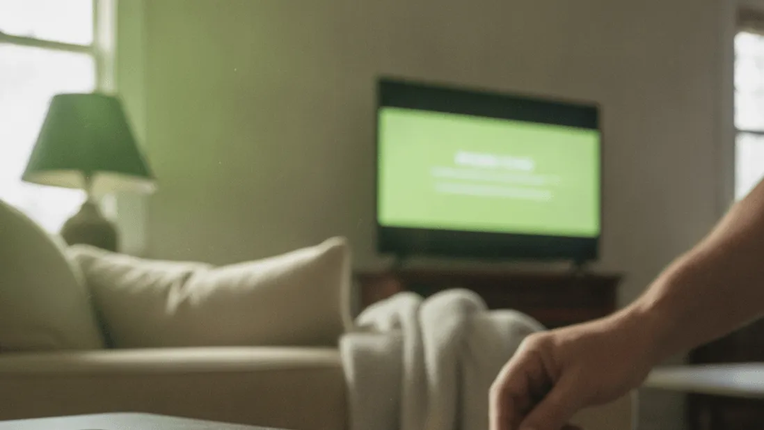 A close-up of an ethernet cable plugged into a streaming box on a dusty shelf with a coiled spare cable beside it, with a man's hand on the right.