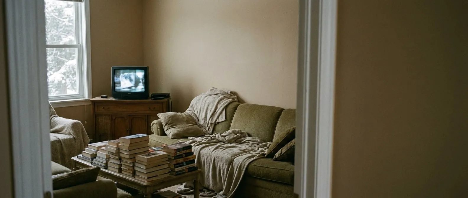 A living room seen from the doorway on a grey winter afternoon, a television on a low credenza playing a news broadcast, snow visible through the window.