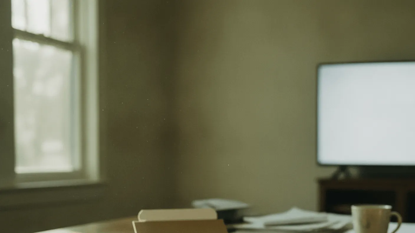 A small black streaming box sits on a wooden table, with a hand holding a remote beside it.