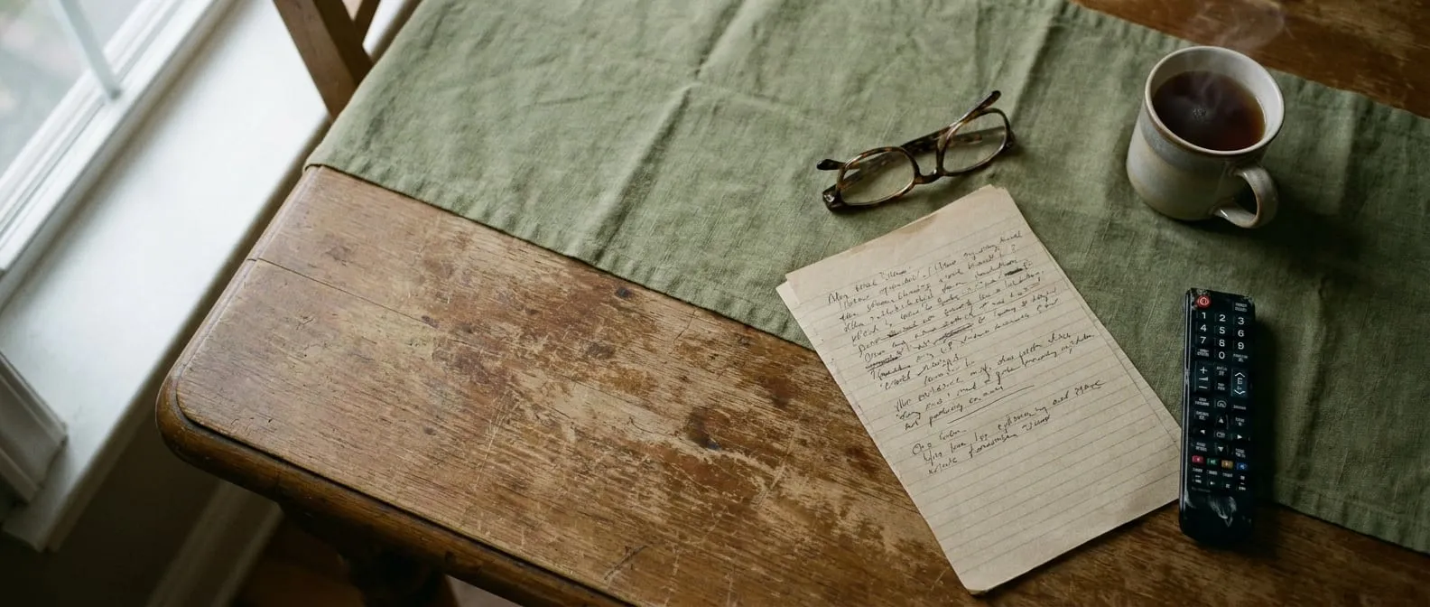 A handwritten channel list on lined paper next to a television remote, reading glasses and a mug on a kitchen table.