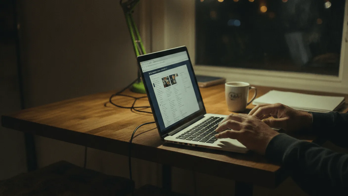A person sits at a desk in a dimly lit room at night, illuminated by a laptop and a green desk lamp.