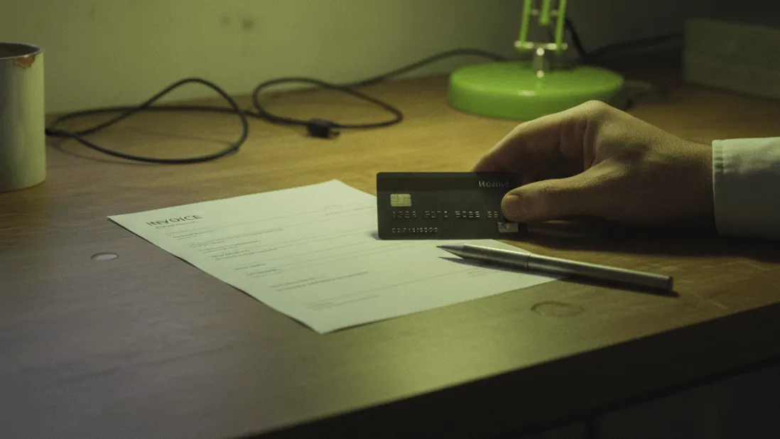 A hand reaches for a credit card on a desk beside an invoice, under the glow of a lime green desk lamp.