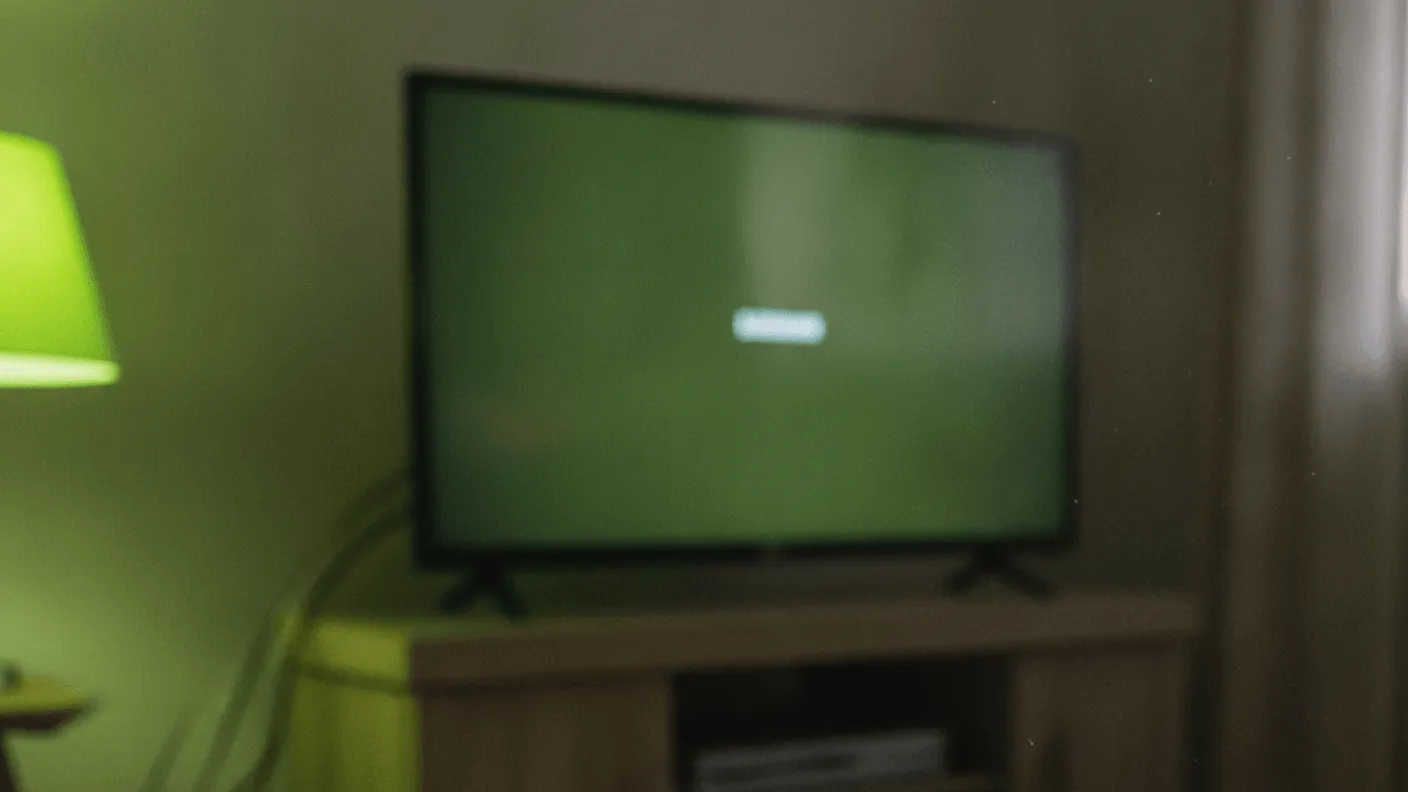 A television remote and a folded paper rest on a wooden table, with a blurred TV and a person's hand visible.