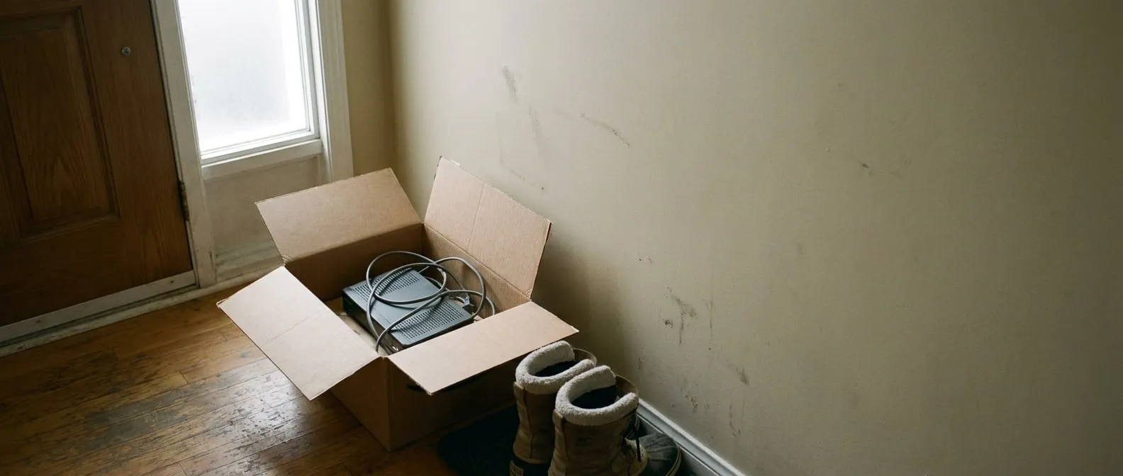 A returned cable set-top box and its coiled power cable inside an open cardboard box by a front door, winter boots beside it.