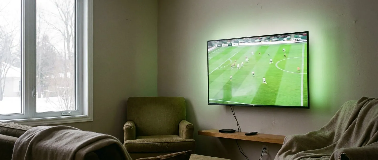 A wall-mounted television in a Canadian living room playing a live football match, the green pitch lighting the wall, with a streaming box and remote on the shelf below and snow through the window.