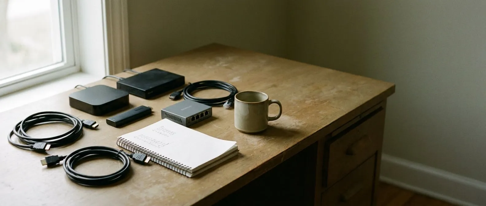 A desk with two set-top boxes, a streaming stick, coiled HDMI cables and a notebook of channel numbers, lit by a window.